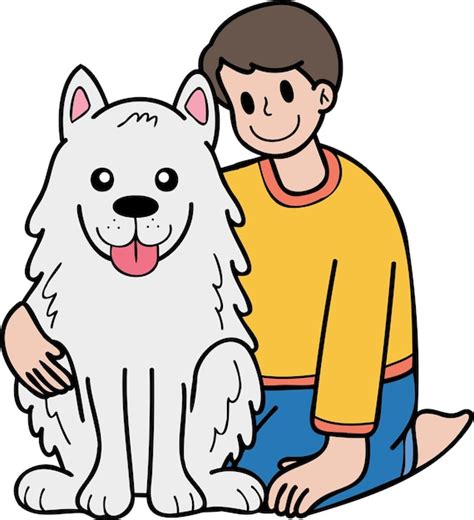 手描きの飼い主がサモエド犬のイラストを落書きスタイルで抱きしめる プレミアムベクター