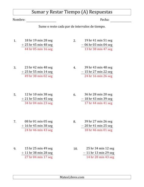 Sumar Y Restar Tiempo Tabla De Multiplicar