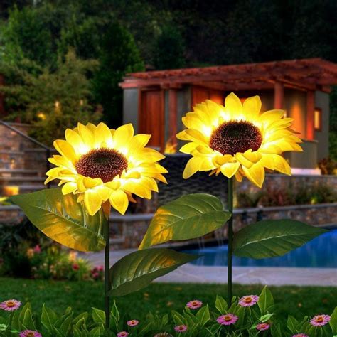 2 Pack Solar Sunflower Led Lights Garden Stake Outdoor Solar Etsy