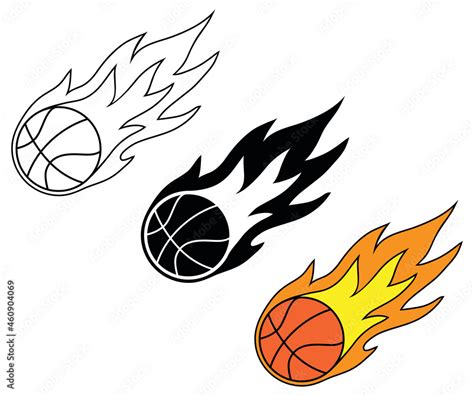 Basketball with fire flames clipart set - Outline, Silhouette and Color ...