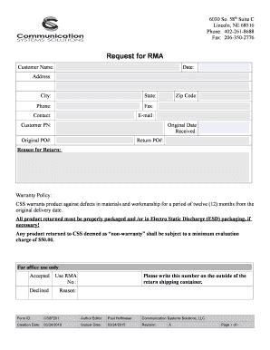 Fillable Online RMA Form Communication Systems Solutions Fax Email