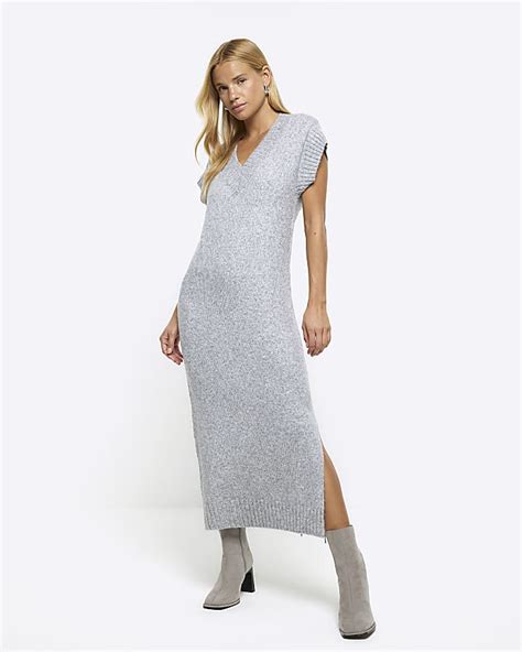 Grey Split Hem Jumper Midi Dress River Island