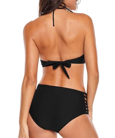 Women S Criss Cross Strappy Front Halter Sexy Bikini Set Black C SUYG S