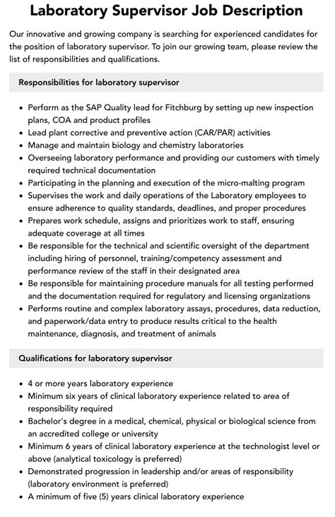 Laboratory Supervisor Job Description Velvet Jobs