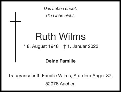 Traueranzeigen Von Ruth Wilms Aachen Gedenkt