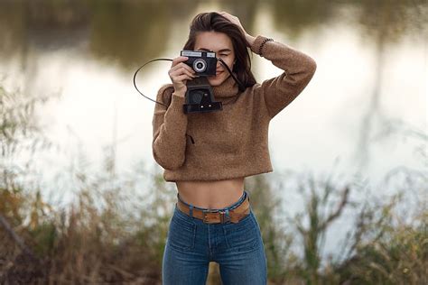 Hd Wallpaper Women Outdoors Brunette Camera Jeans Depth Of Field