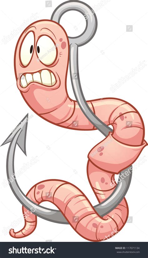 Scared Cartoon Worm Hanging Fishing Hook Stock Vector