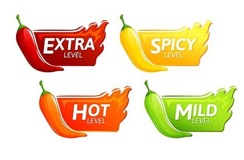 Four Different Colored Chili Peppers With The Words Spicy Level And Hot Level Written On Them