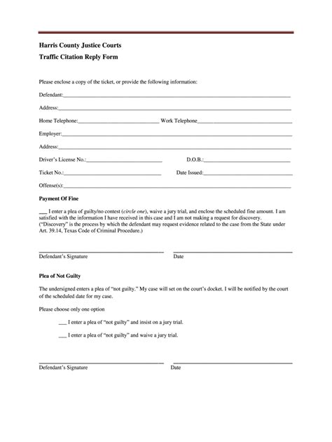 TX Traffic Citation Reply Form Harris County Complete Legal Document