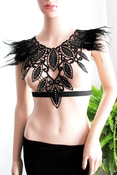 Harness Lingerie Black Feather Leaves Leather Bustier Jewelry Etsy
