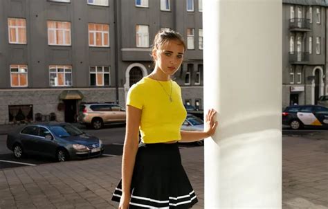 Model Brunette Gorgeous Photoshoot Posing Beautiful Face Outdoors Black Skirt