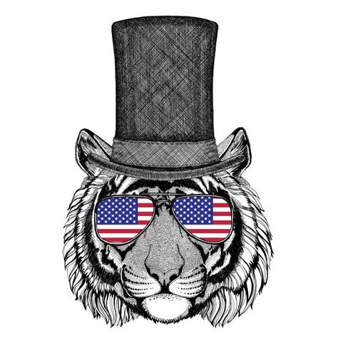 Wild Tiger Wearing Cylinder Top Hat And Glasses With Usa Flag United