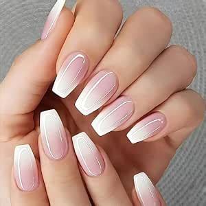 MouYou Press on Nails Kurz Ballerina Natürlich Nude Pink Gradient White