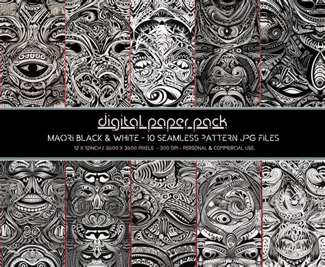 Black & White Maori Patterns Seamless Digital Paper Pack Scrapbooking, Digital Background, POD ...