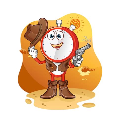 Premium Vector Alarm Clock Head Cartoon Cowboy With Gun Character Vector