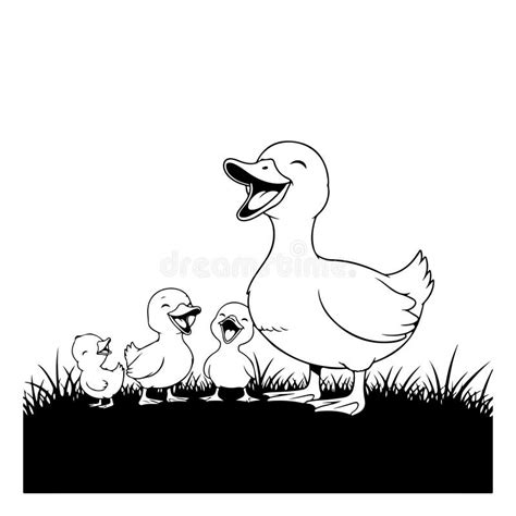 Duck Family Illustration in Black White Colouring Page Stock Vector