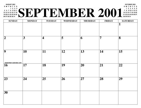 SEPTEMBER 2001 CALENDAR OF THE MONTH: FREE PRINTABLE SEPTEMBER CALENDAR OF THE YEAR - AGENDA