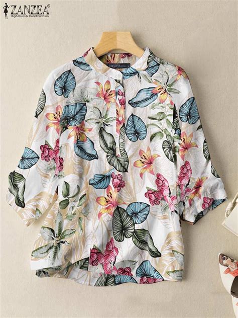 2022 Summer Holiday Blouse Zanzea Womens Vintage Printed Tops Casual