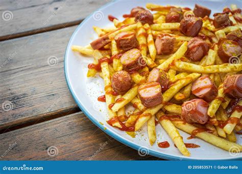 Patatas Fritas Con Salchicha Curry Y Ketchup Imagen De Archivo Imagen