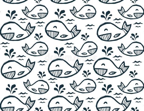 Cute Doodle Whales In Cartoon Style Vector Seamless Pattern Stock