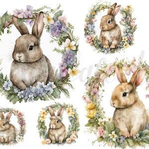 10 Bunnies With Flower Wreaths Clipart High Quality Jpgs Etsy