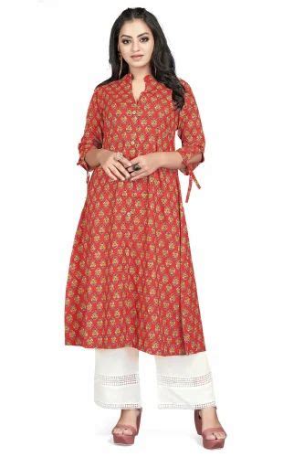 Cotton Printed Red V Neck Button Kurti With Plazzo Set A Line At Rs