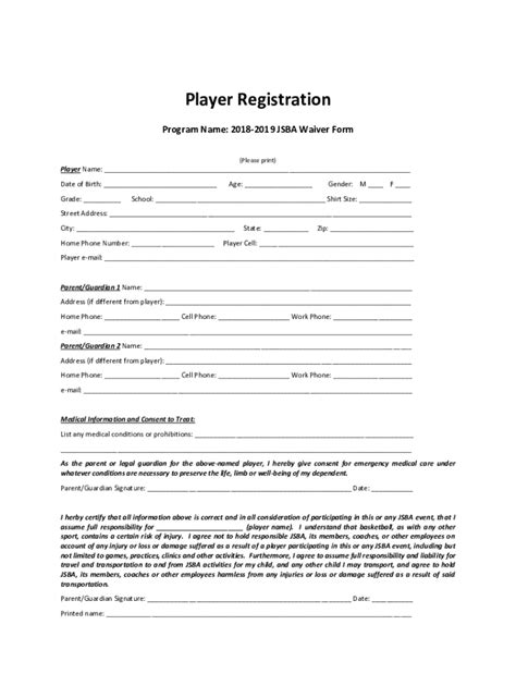 Fillable Online Player Registration Form For Scfod League Play Fax