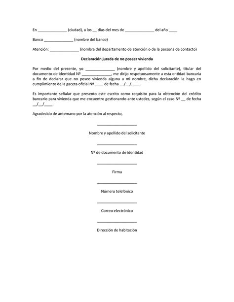 Modelo de carta de declaración jurada de no poseer vivienda para