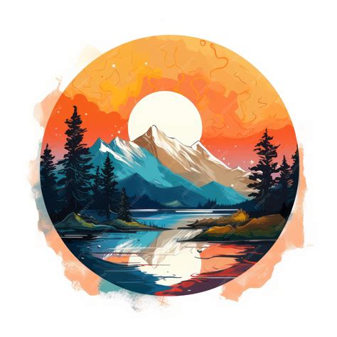 Premium AI Image | a painting of a mountain and lake with a sunset in ...