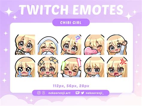 Cute Chibi Girl Emote Pack For Twitch Discord Blonde Hair With Bangs Ivory Skin Black