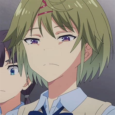 two anime characters with green hair and blue eyes looking at the same ...