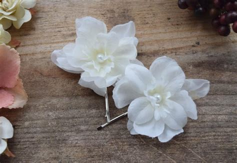 White Flower Hair Clips Bridal Bobby Pin Set Floral Pearl Pins