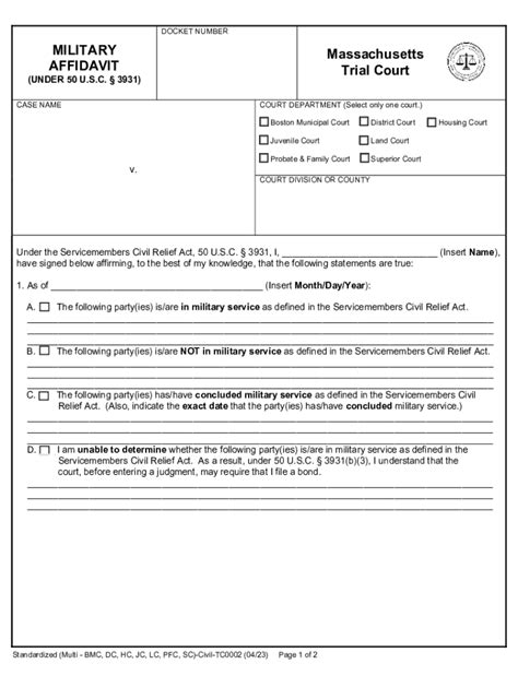 Fillable Online MILITARY AFFIDAVIT Massachusetts Trial Court Fax Email