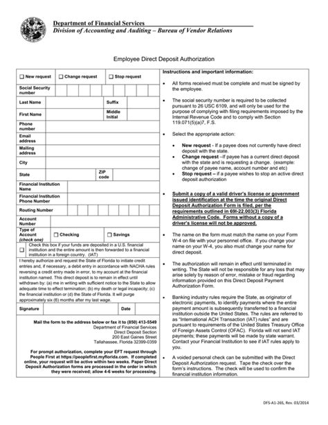 Direct Deposit Authorization Form Florida Department Of Financial