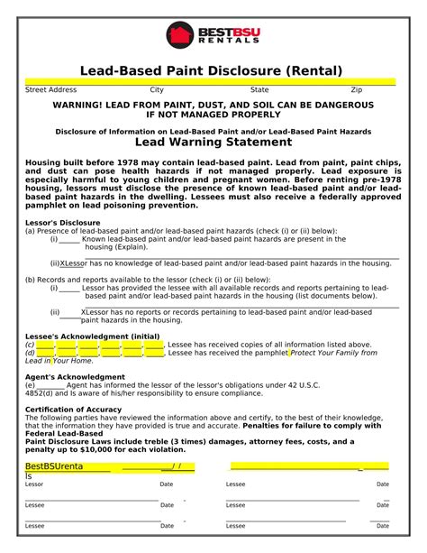 Free Printable Lead Based Paint Disclosure PDF Tenants Form For Renters