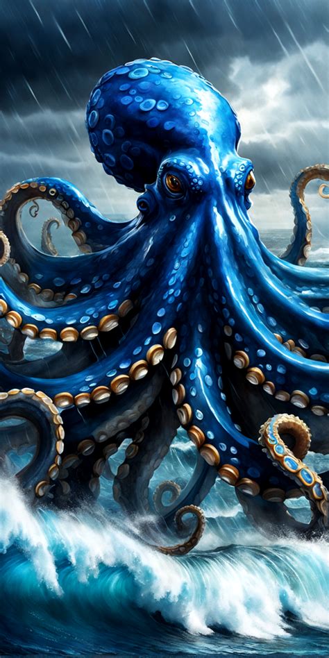 Colossal Octopus Rising From Turbulent Waters Unfurls Tentacles