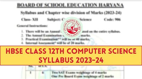 Hbse Class 12 Computer Science Syllabus 2023 24 Class 12th Computer