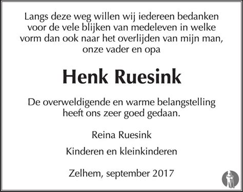 Derk Hendrik Henk Ruesink 10 07 2017 Overlijdensbericht En