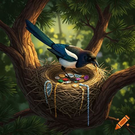 colorful painting   magpie perched   nest surrounded