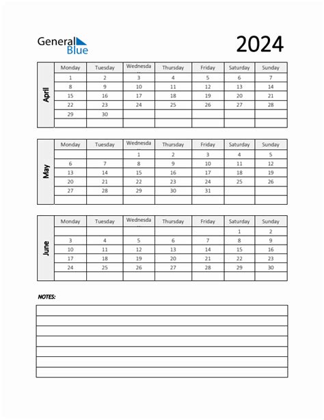 Q2 2024 Calendar Template With Notes In Pdf Word And Excel