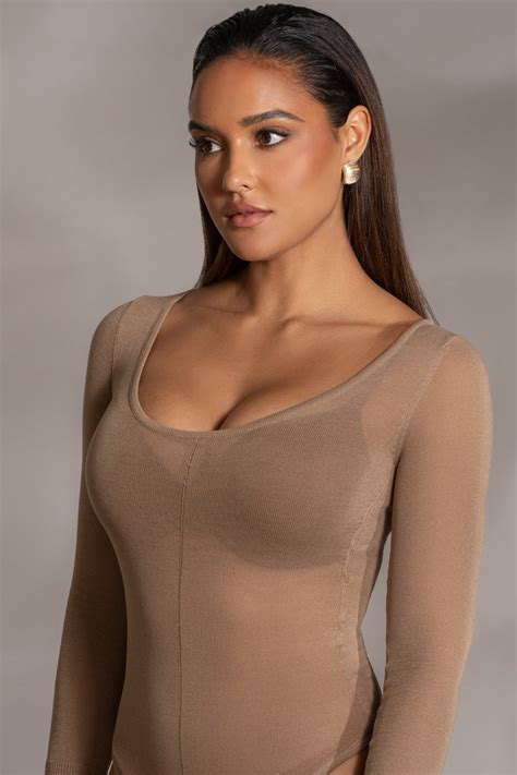 Camel Nerida Sheer Knit Bodysuit Jluxlabel