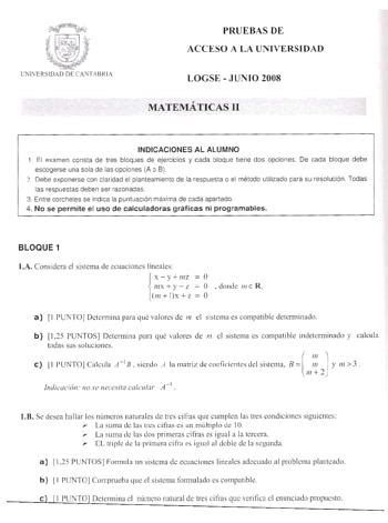 Examen de Matemáticas II de Cantabria selectividad de 2008