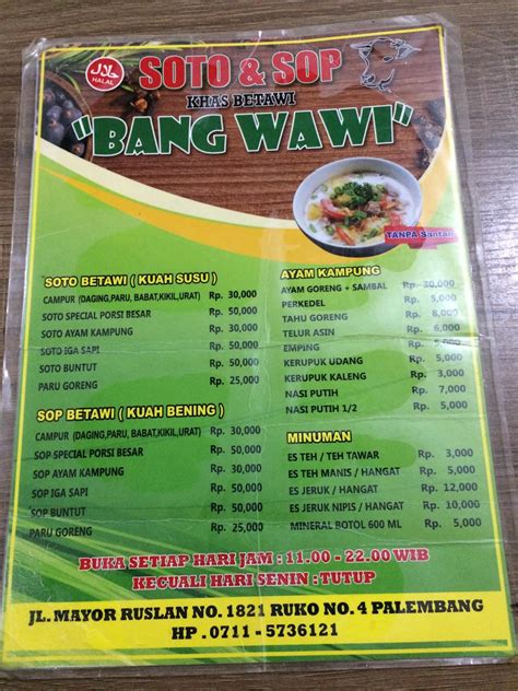 Menu At Soto Sop Khas Betawi Bang Wawi Restaurant Palembang