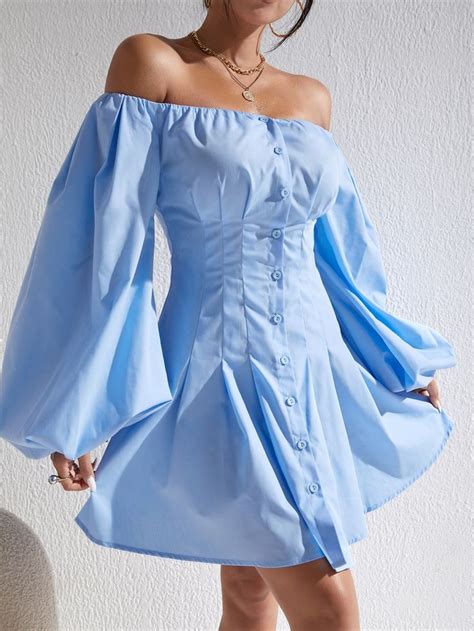 Off Shoulder Lantern Sleeve Pleated Hem Dress Blue Dress Outfits