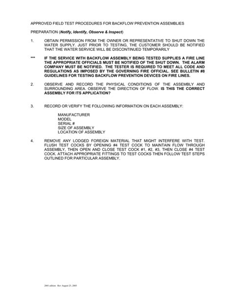 Approved Field Test Procedures For Backflow Prevention Assemblies