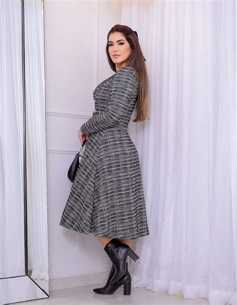 Vestido Tweed Manga Longa Santo Luk Moda Evangélica e Moda Executiva