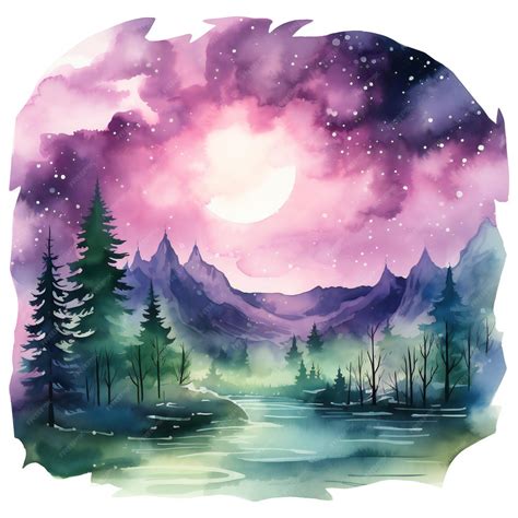 Premium AI Image | a watercolor painting of a forest with a moon and trees.