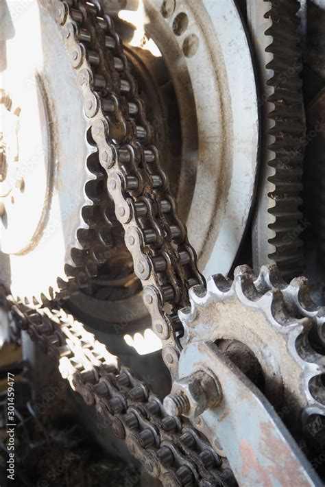 Chain drive transmission. Drive roller chain in operation Stock Photo ...