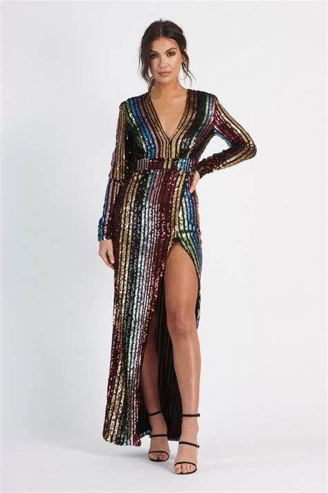 Stripe Sequin Wrap Front Maxi Dress By Club L Chic Maxi Dresses