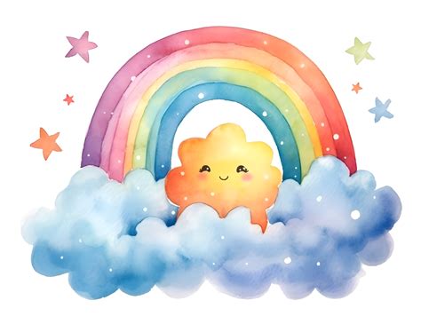 Cute Rainbow Clipart With Cartoon Style Watercolor Stars And Cloud Ai